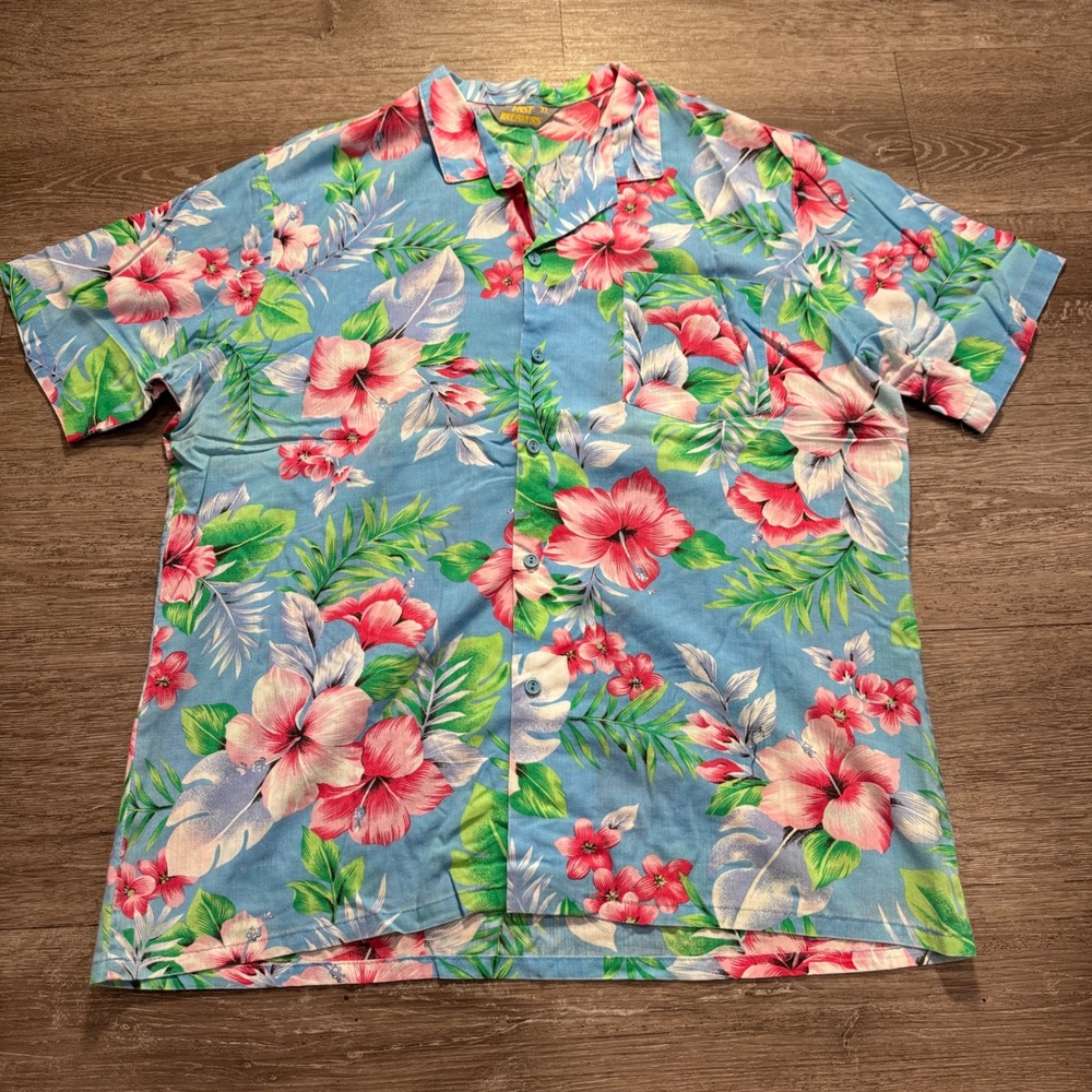 Fast Breakers Shirt Mens XL Blue Cotton Floral Hibiscus Camp Resort Hawaiian VTG